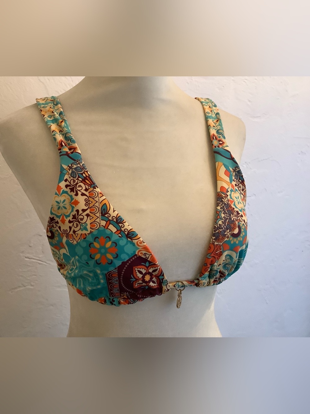 Beautiful Boho Bikini Top Intricate patterns, goldtone dangle & vibrant colors.
